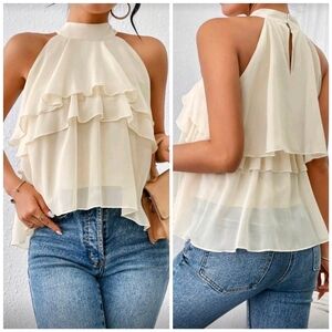 New Flirty Layered Sheer Ruffle Halter Top Blouse Cream Ivory